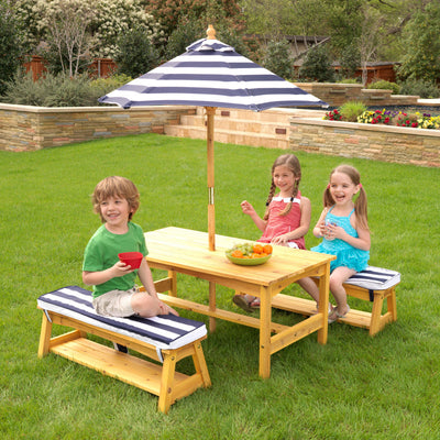 KidKraft Outdoor Table & Bench Set with Cushions & Umbrella - Navy & White Stripes