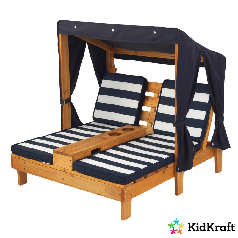 KidKraft Double Chaise Lounge with Cupholder -Honey/Navy/White