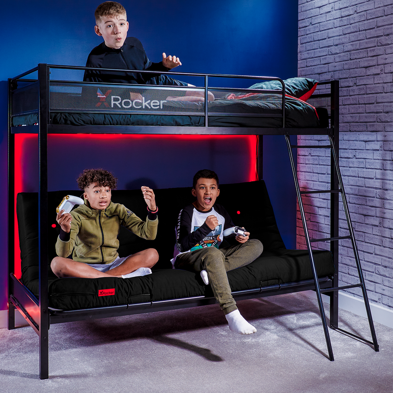 X Rocker Stronghold Gaming Triple Bunk Bed With Futon Cushion