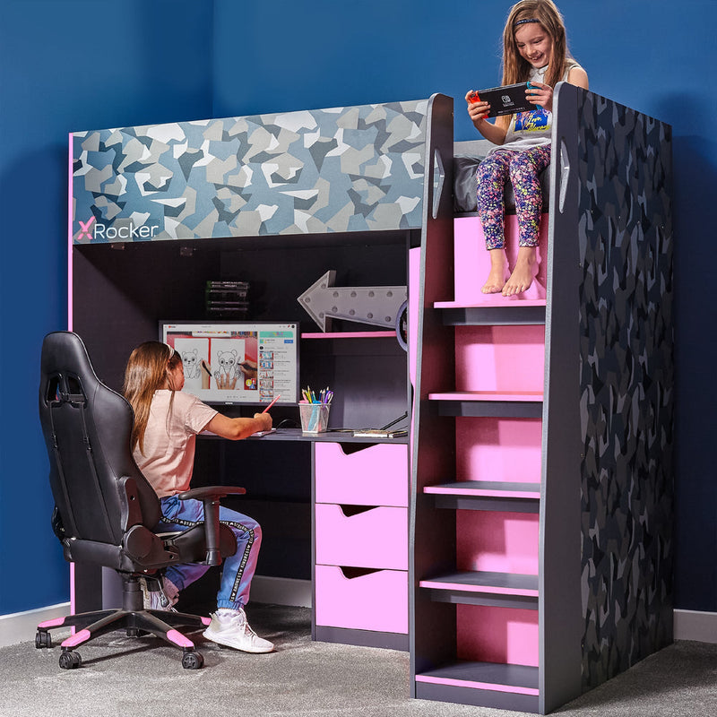 X Rocker Hideout Gaming High Sleeper Bed With Storage - Pink